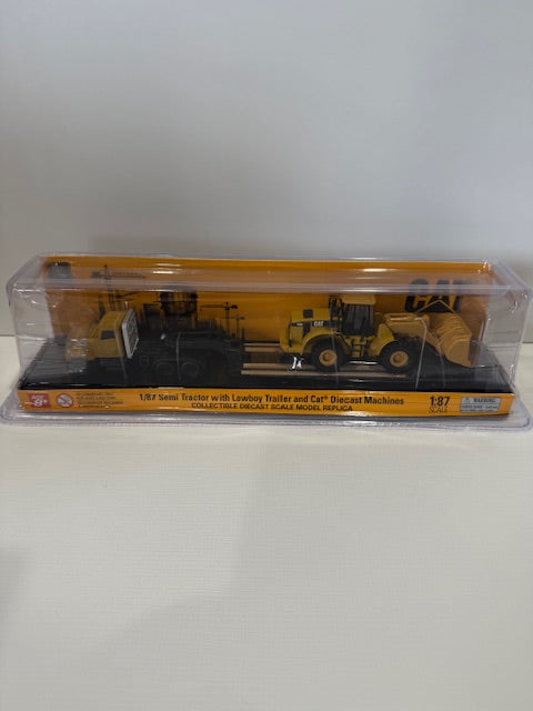 1/87 Diecast Masters CAT CT681 Day Cab Tractor w/ Lowboy Trailer and Cat 950G Wheel Loader