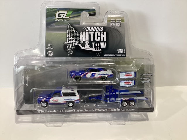 1/64 Greenlight Racing Hitch & Tow 1986 Chevrolet K-5 Blazer & 1969 Chevrolet Camaro- Tandem Car Hauler