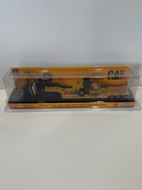 1/87 Diecast Masters CAT Black Kenworth T880 Tractor w/Lowboy Trailer and Cat Roller