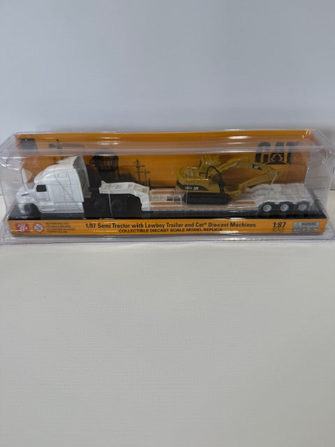 1/87 Diecast Masters CAT White Peterbilt 579 Tractor w/Lowboy Trailer & CAT 315C Excavator