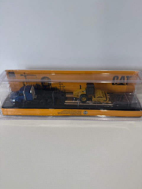 1/87 Diecast Masters CAT Blue Kenworth T880 Tractor w/ Lowboy Trailer and Cat Padfoot Roller