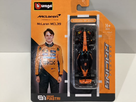 1/64 Burago #81 Oscar Piastri Mclaren MCL39 Chrome Formula 1 Racing Car