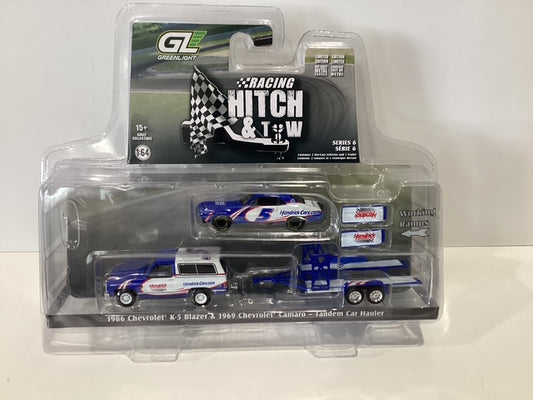 1/64 Greenlight  Racing Hitch & Tow 1986 Chevrolet K-5 Blazer & 1969 Chevrolet Camaro- Tandem Car Hauler